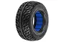 A single Pro-Line Street Fighter SC tyre for RC short course trucks, featuring a directional tread pattern and a bright blue foam insert.