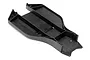 A black molded plastic main chassis for an HPI E-Firestorm RC vehicle, shown from a high-angle studio perspective.
