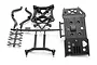 HPI Savage parts tree including a skid plate, shock tower, and body mounts in black plastic.