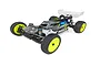 Team Associated RC10B6.4D 1/10 scale 2WD electric RC buggy kit, featuring a grey and blue body, neon yellow wheels, and white rear wing on a white background.