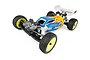 Team Associated RC10B6.3D 1/10 scale 2WD electric RC buggy with a blue, yellow, and white painted body and yellow wheels.
