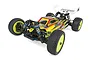 Team Associated RC10B74.1D 1/10 scale 4WD electric RC buggy with a custom painted yellow, red, and black body shell on a white background.