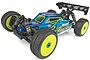 Team Associated RC8B4e 1/8 scale electric 4WD RC buggy with blue body, yellow wheels, and black rear wing on a white background.