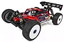 Team Associated RC8B4 1/8 scale nitro 4WD RC buggy with red body, white wheels, and rear wing on a white background.