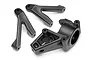 Black plastic steering hub and two suspension arms for HPI Baja RC cars.