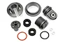 A set of HPI Baja shock absorber replacement parts including plastic caps, threaded collars, foam seals, O-rings, and metal washers on a white background.