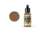 A 17ml bottle of Vallejo Model Air Golden Brown acrylic paint with a black dropper cap, shown next to a circular swatch of the paint colour.