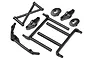 A set of black plastic RC body mount components for HPI 5SC/5T models, including cross braces, upright posts, and mounting plates on a white background.