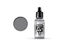 A 17ml bottle of Vallejo Model Air Gun Metal acrylic paint with a black dropper cap, shown next to a grey circular color swatch.