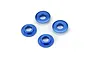 Four blue anodized aluminium billet adapter washers for RC cars, shown from different angles on a white background.