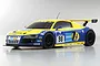 A Kyosho Mini-Z Audi R8 LMS Phoenix Racing RC car in yellow and blue livery with number 98, shown on a white background.