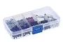 A clear plastic storage box filled with various RC screws, nuts, washers, and a small metal wrench tool.