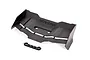 A black Traxxas RC car rear wing and a small mounting bracket on a white background.