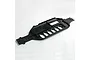 A black plastic RC car main chassis plate with various mounting holes and cutouts, shown from a high angle against a white background.