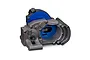 Traxxas Magnum 272R transmission assembly featuring a grey composite housing and blue anodized aluminum motor plate on a white background.