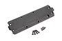 A black Traxxas Maxx centre skid plate for an extended chassis, shown with a set of mounting screws on a white background.