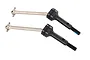 Two Traxxas steel front driveshafts with black axle ends and silver shafts against a white background.