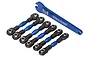 A set of six blue anodized aluminium turnbuckles with black plastic rod ends and a blue Traxxas 5mm wrench on a white background.