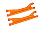 Two bright orange Traxxas WideMaxx upper suspension arms for RC cars, shown from a top-down perspective on a white background.