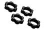 Four black anodized aluminium 17mm splined serrated wheel nuts for Traxxas RC vehicles arranged on a white background.