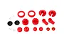 LaTrax shock rebuild kit components including red plastic shock parts, black rubber diaphragms, and metal E-clips on a white background.