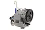 A fully assembled grey plastic Traxxas T-Maxx RC transmission unit with a black spur gear and metal brake disc.