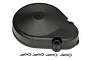 A black plastic gear cover for HPI Baja RC vehicles with four metal body clips arranged in a row below it.