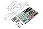Kyosho Javelin white roll cage parts, metal plates, screws, and a decal sheet on a white background.