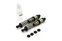 Two Kyosho aluminium RC shock absorbers with black springs, a small bottle of shock oil, and four small black plastic spacers on a white background.
