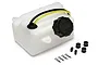 A white translucent plastic fuel tank for HPI Baja RC cars, featuring a black cap labeled Gasoline + 2-Stroke Oil, with included rubber grommets and clips.