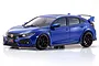 A studio shot of a blue metallic Kyosho Mini-Z Honda Civic FK8 Type-R RC car on a white background.