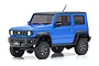 A studio shot of a Kyosho Mini-Z Suzuki Jimny Sierra 4x4 RC rock crawler in Brisk Blue, viewed from the front-left angle against a white background.