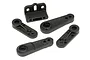 A set of black plastic servo horns and a mounting bracket from HPI Racing for RC vehicles.