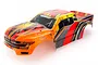 HSP 1/8 scale Savagery V2 RC truck body shell in dark red, orange, and yellow with black flame and geometric graphics on a white background.
