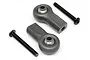 Two grey plastic rod ends with metal ball inserts and two black machine screws for HPI Baja RC vehicles.