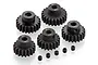 A set of five black steel 1Mod pinion gears in sizes 18T, 19T, 20T, 21T, and 22T, accompanied by five small grub screws on a white background.