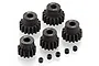 A set of five black steel 1Mod pinion gears in sizes 13T, 14T, 15T, 16T, and 17T, arranged with five small grub screws on a white background.