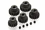 A set of five black steel 1Mod pinion gears ranging from 15T to 19T, accompanied by five small grub screws on a white background.