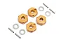 Four gold-coloured aluminium wheel hexes with four metal pins and four washers arranged on a white background.