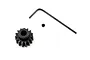 A black steel 15-tooth pinion gear with a matching grub screw and an L-shaped hex key on a white background.