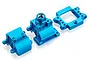Three blue anodized aluminium gearbox case components for an RC car, arranged on a white background.