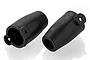 Two black plastic rear axle cover bushings for an RC car, shown from different angles on a white background.