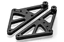 Two black anodized aluminium wheelie bar mounts for HSP RC cars, featuring triangular cutouts and multiple mounting holes.