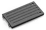 A black anodized aluminium centre chassis skid plate for an RC car, featuring recessed grooves and two countersunk mounting holes.