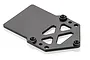 A black anodized aluminium servo and ESC mounting tray for an RC vehicle, featuring a flat section and a cutout section with multiple mounting holes.