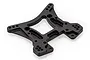 A black anodized aluminium front shock tower for an RC car, featuring multiple mounting holes and a geometric, lightweight design.