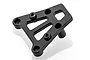 A black aluminium front top plate for an RC car, featuring a triangular design with mounting holes and a cylindrical post.