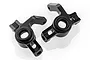 Two black anodized aluminium RC steering hubs for HSP vehicles, shown from an angled perspective against a white background.