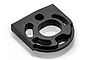 A black anodized aluminium motor mount for an RC car, featuring a central circular opening and curved mounting slots.