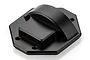 A black aluminium gear cover for an RC car, featuring a raised central housing and mounting holes on a flat octagonal base.